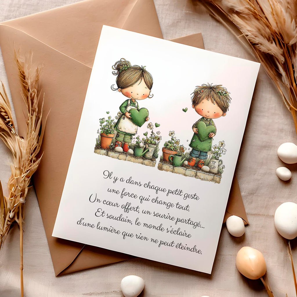 Carte message inspirant – Petits gestes et grande lumière | Carte poétique et bienveillante