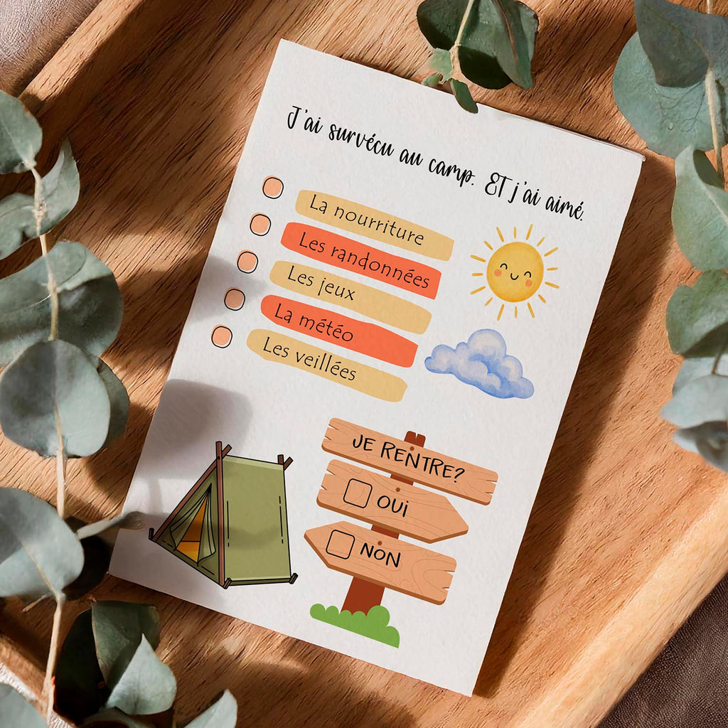 Carte enfant camp à envoyer aux parents – Carte drôle à cocher