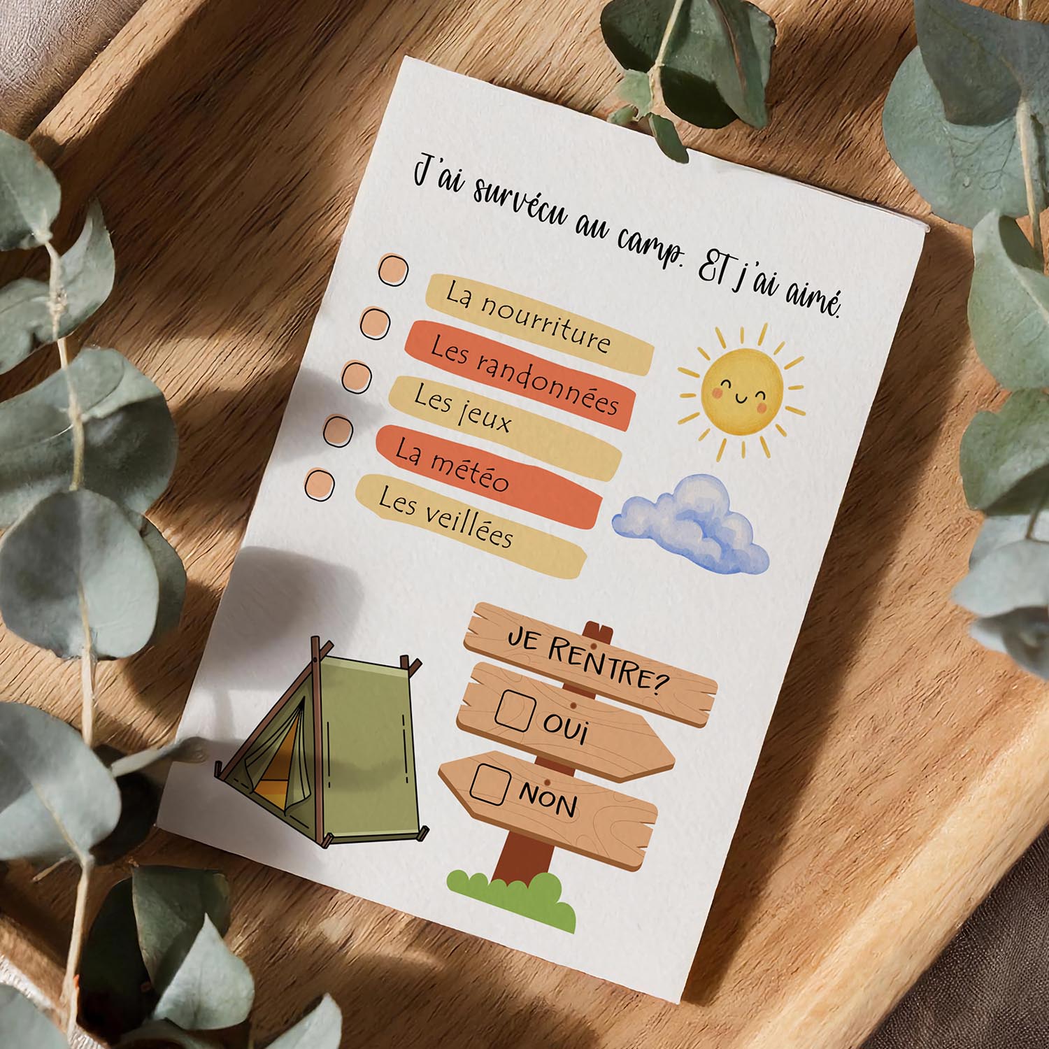 Carte enfant camp à envoyer aux parents – Carte drôle à cocher