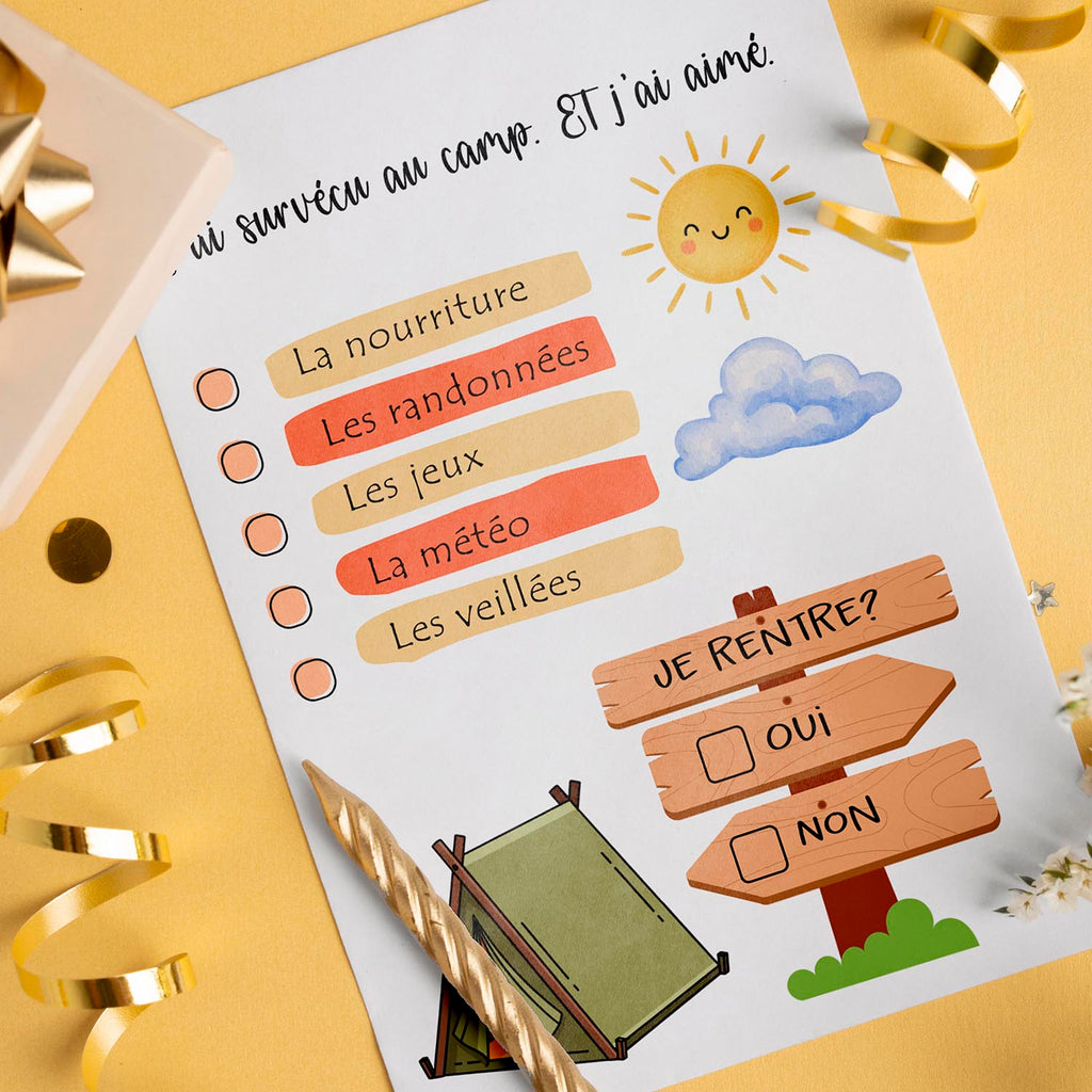 Carte enfant camp à envoyer aux parents – Carte drôle à cocher