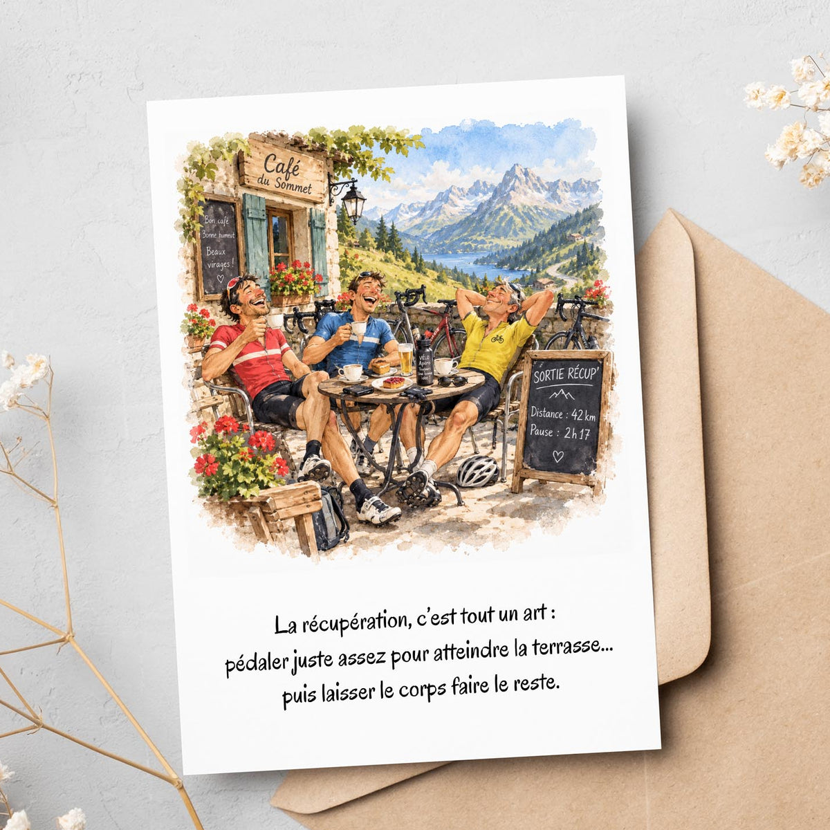 Carte humour cycliste – La sortie récup et sa pause bien méritée