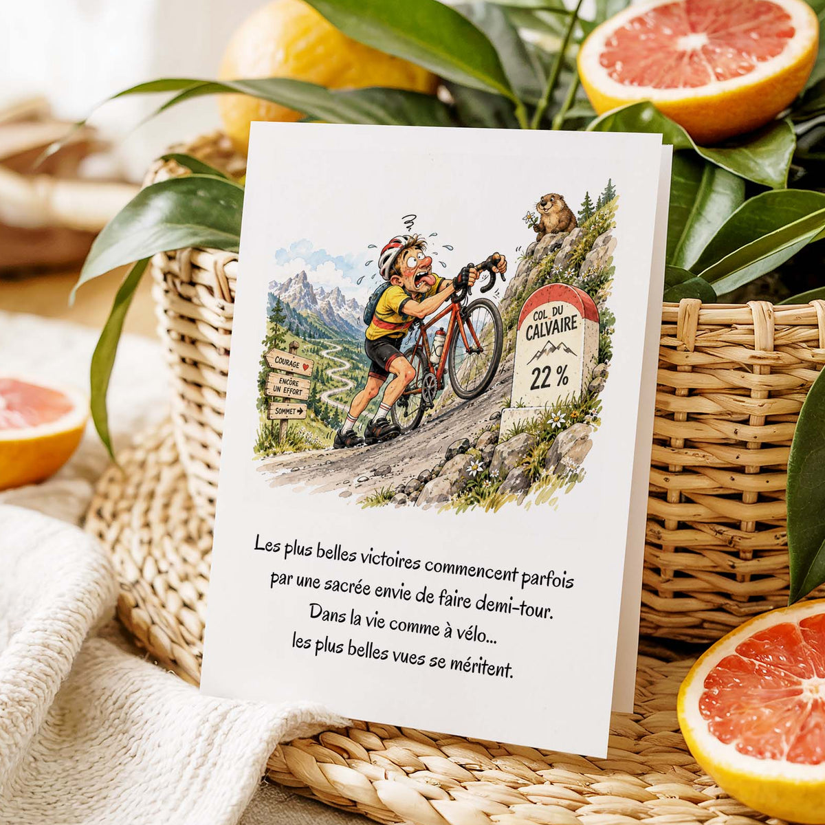Carte humour cycliste – Col du Calvaire 22 % – Dépassement de soi