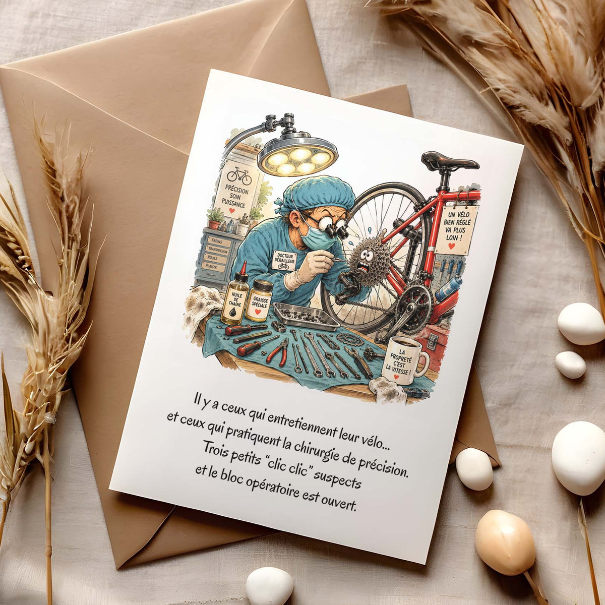 Carte humour cycliste – Docteur Dérailleur et mécanique de précision