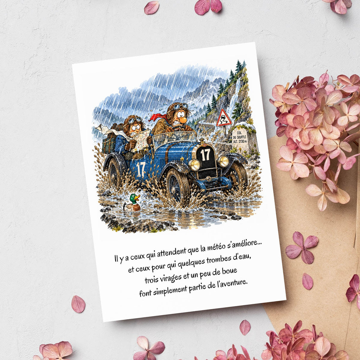Carte humour rallye automobile – La météo fait partie de l’aventure