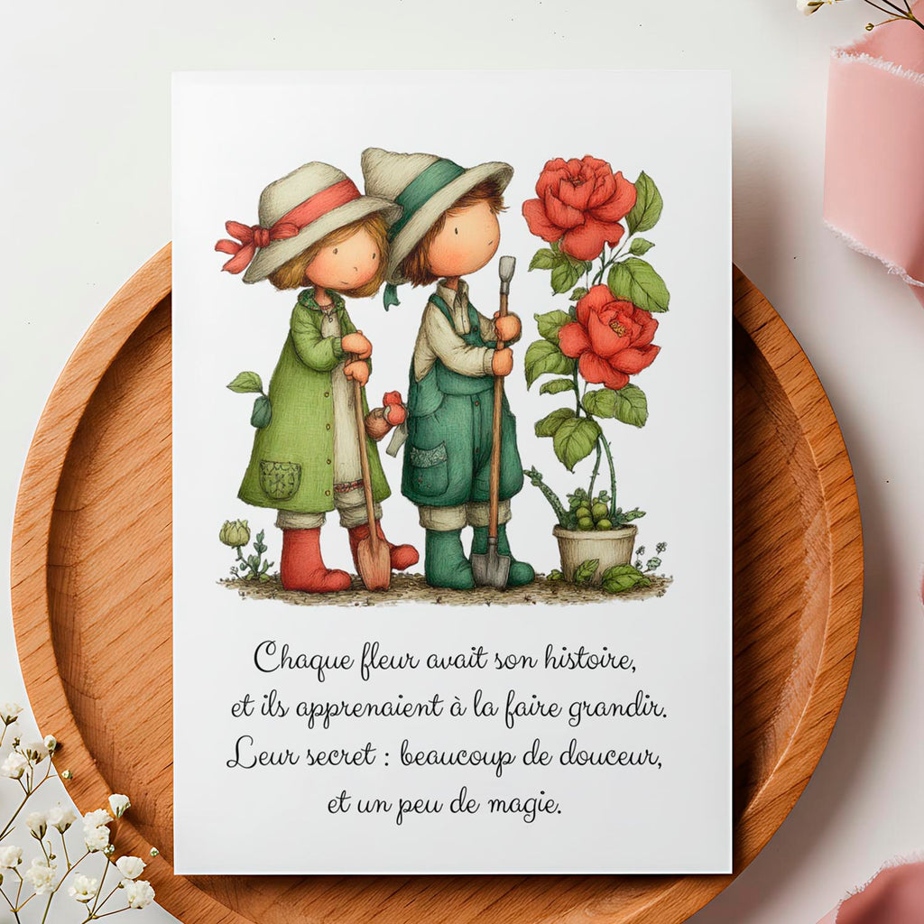 Carte illustrée citation douceur – Fleurs et enfants jardiniers | Message poétique et inspirant