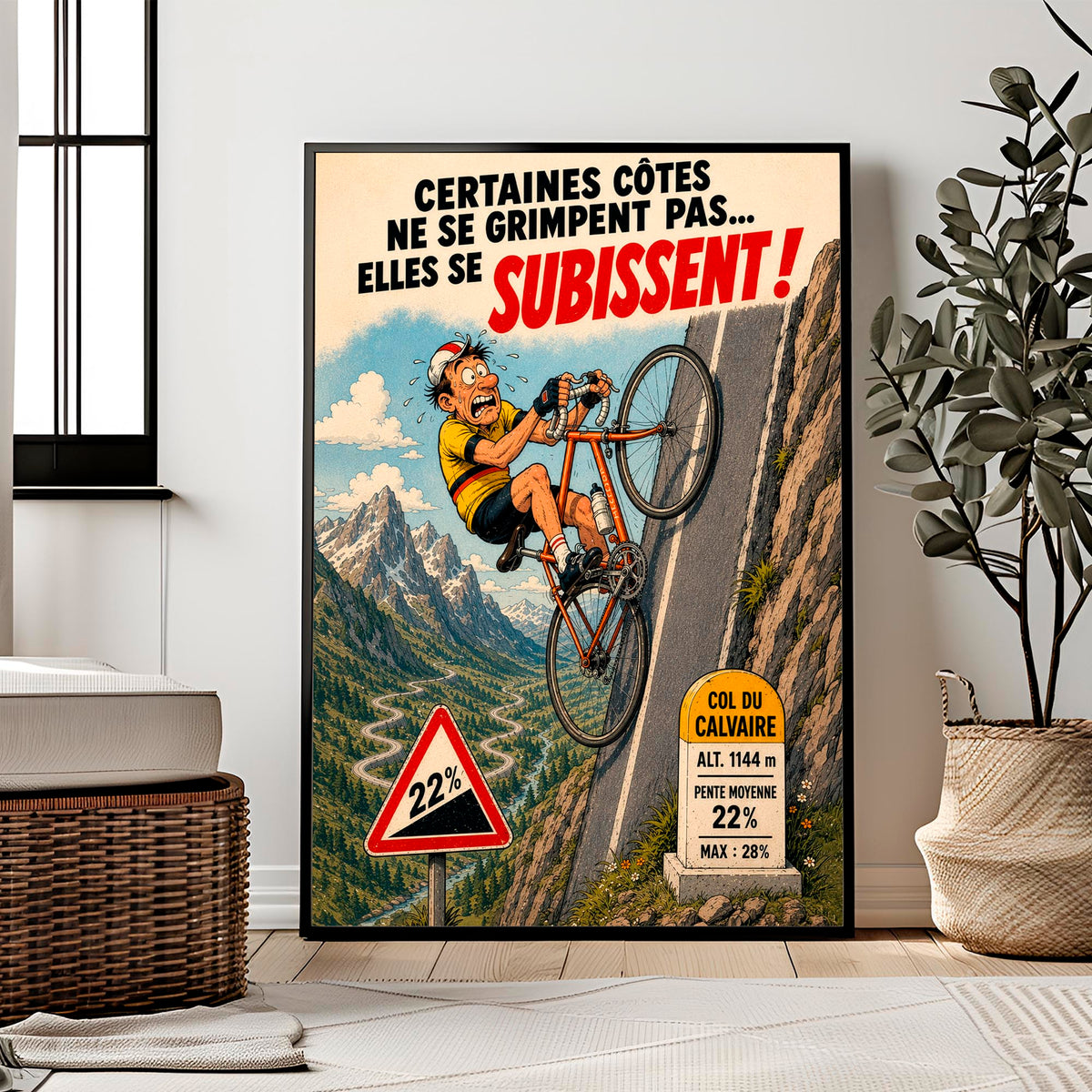 Affiche cyclisme humoristique – Col du Calvaire – Cadeau original pour cycliste