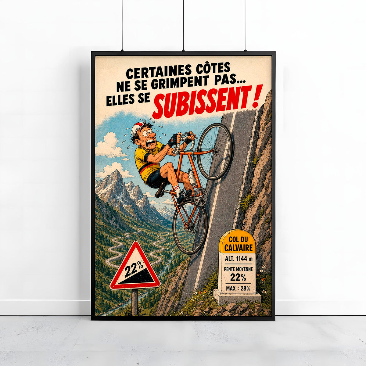 Affiche cyclisme humoristique – Col du Calvaire – Cadeau original pour cycliste