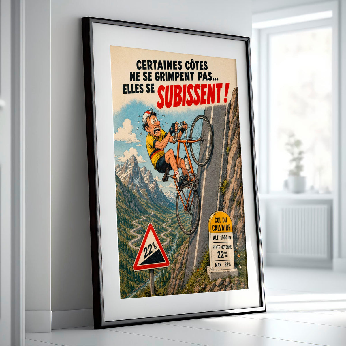 Affiche cyclisme humoristique – Col du Calvaire – Cadeau original pour cycliste
