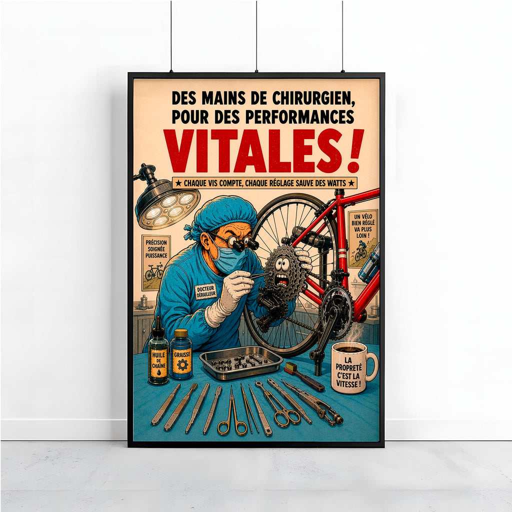 Affiche cyclisme humoristique – Docteur Dérailleur – Cadeau mécanicien vélo