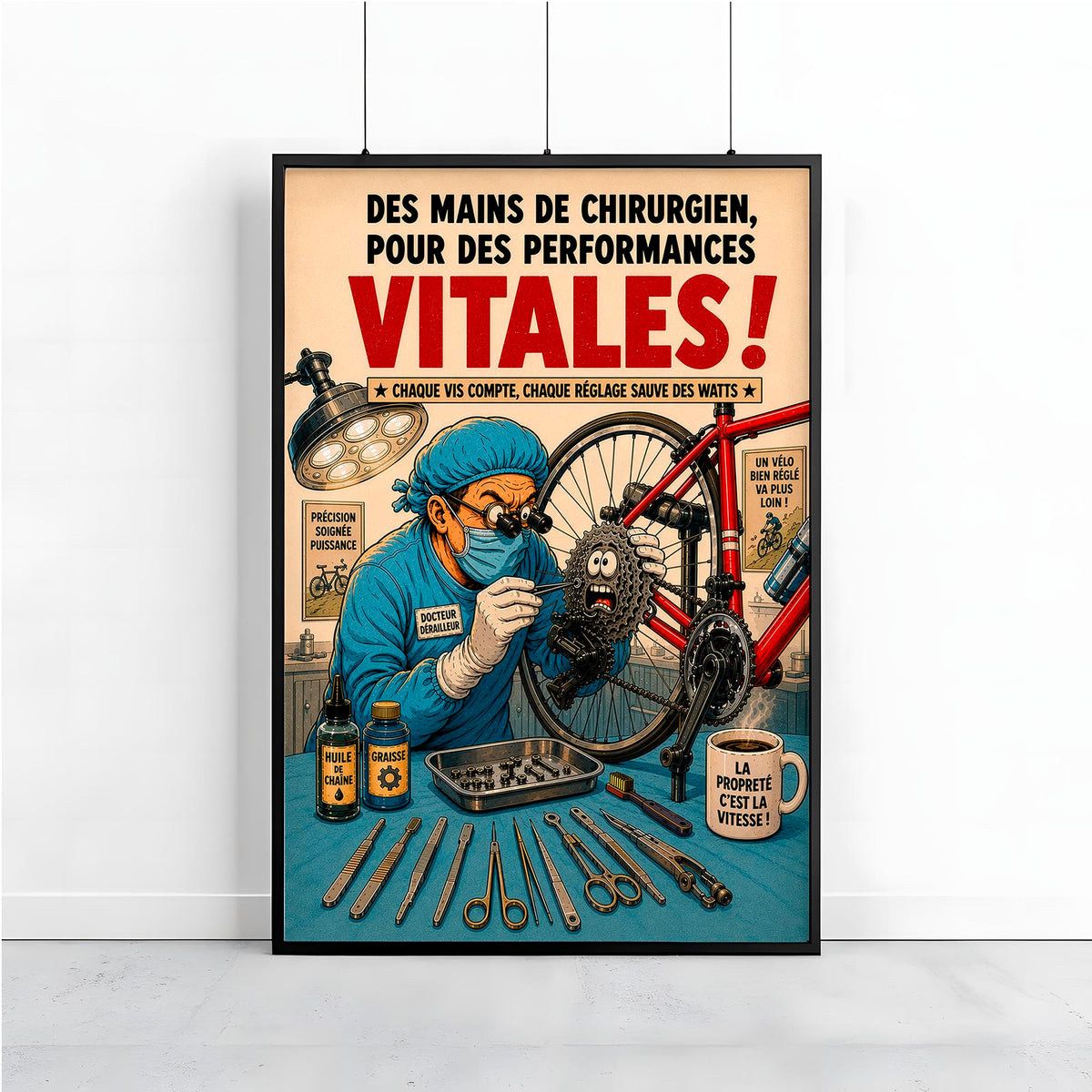 Affiche cyclisme humoristique – Docteur Dérailleur – Cadeau mécanicien vélo