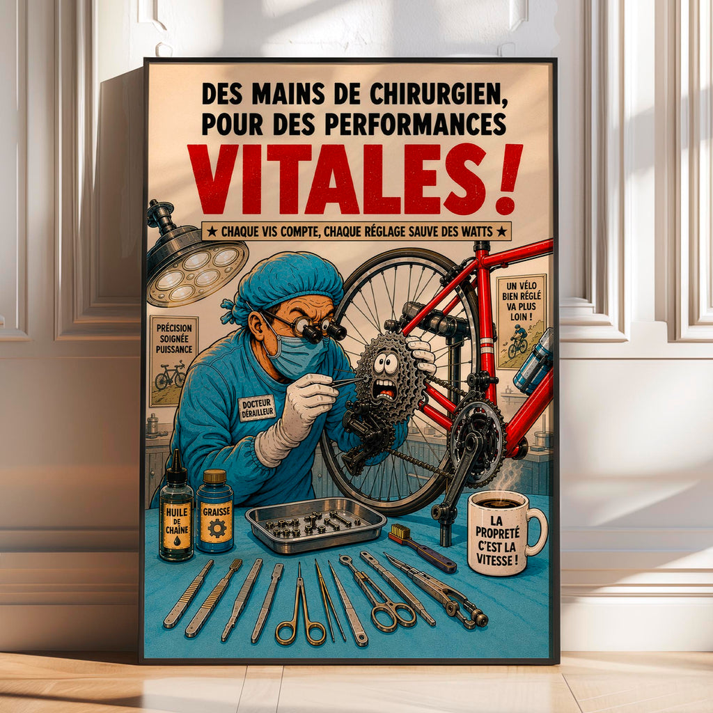 Affiche cyclisme humoristique – Docteur Dérailleur – Cadeau mécanicien vélo