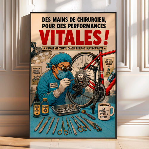 Affiche cyclisme humoristique – Docteur Dérailleur – Cadeau mécanicien vélo