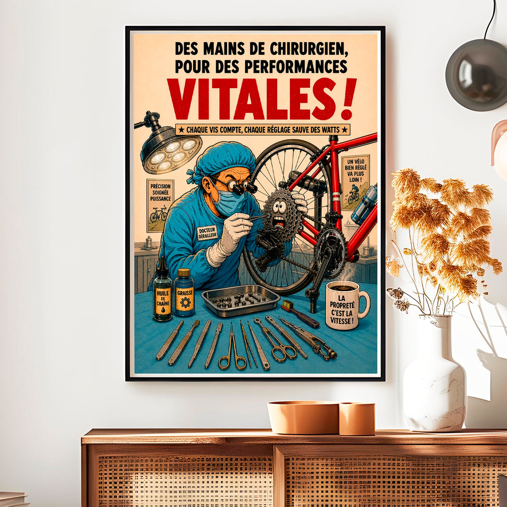 Affiche cyclisme humoristique – Docteur Dérailleur – Cadeau mécanicien vélo
