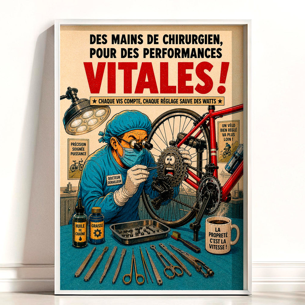 Affiche cyclisme humoristique – Docteur Dérailleur – Cadeau mécanicien vélo