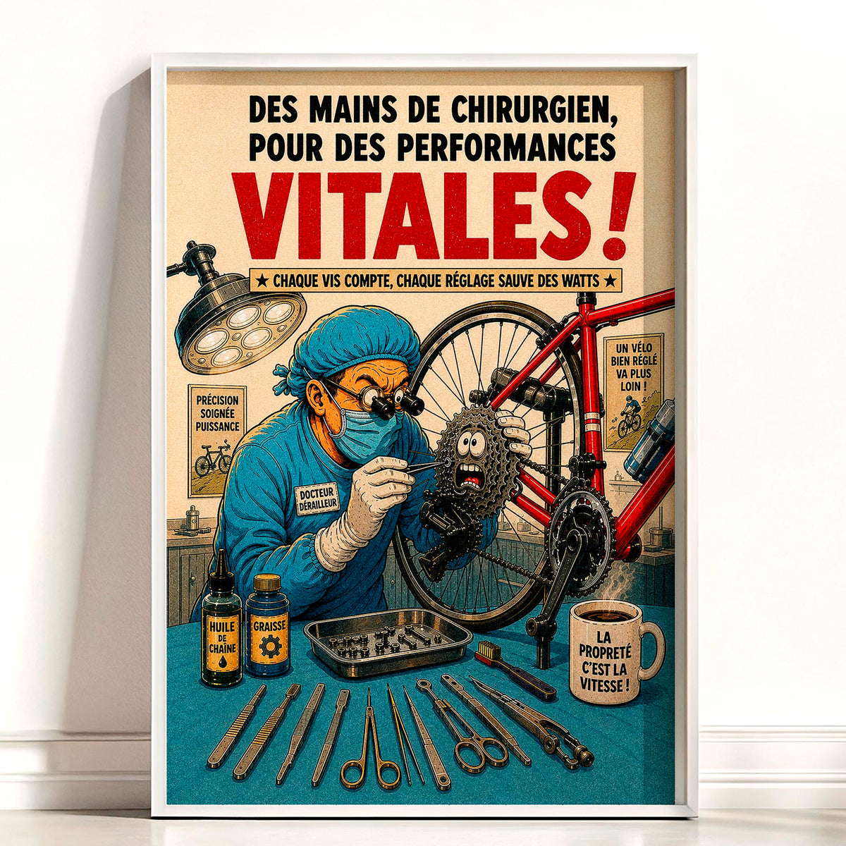 Affiche cyclisme humoristique – Docteur Dérailleur – Cadeau mécanicien vélo