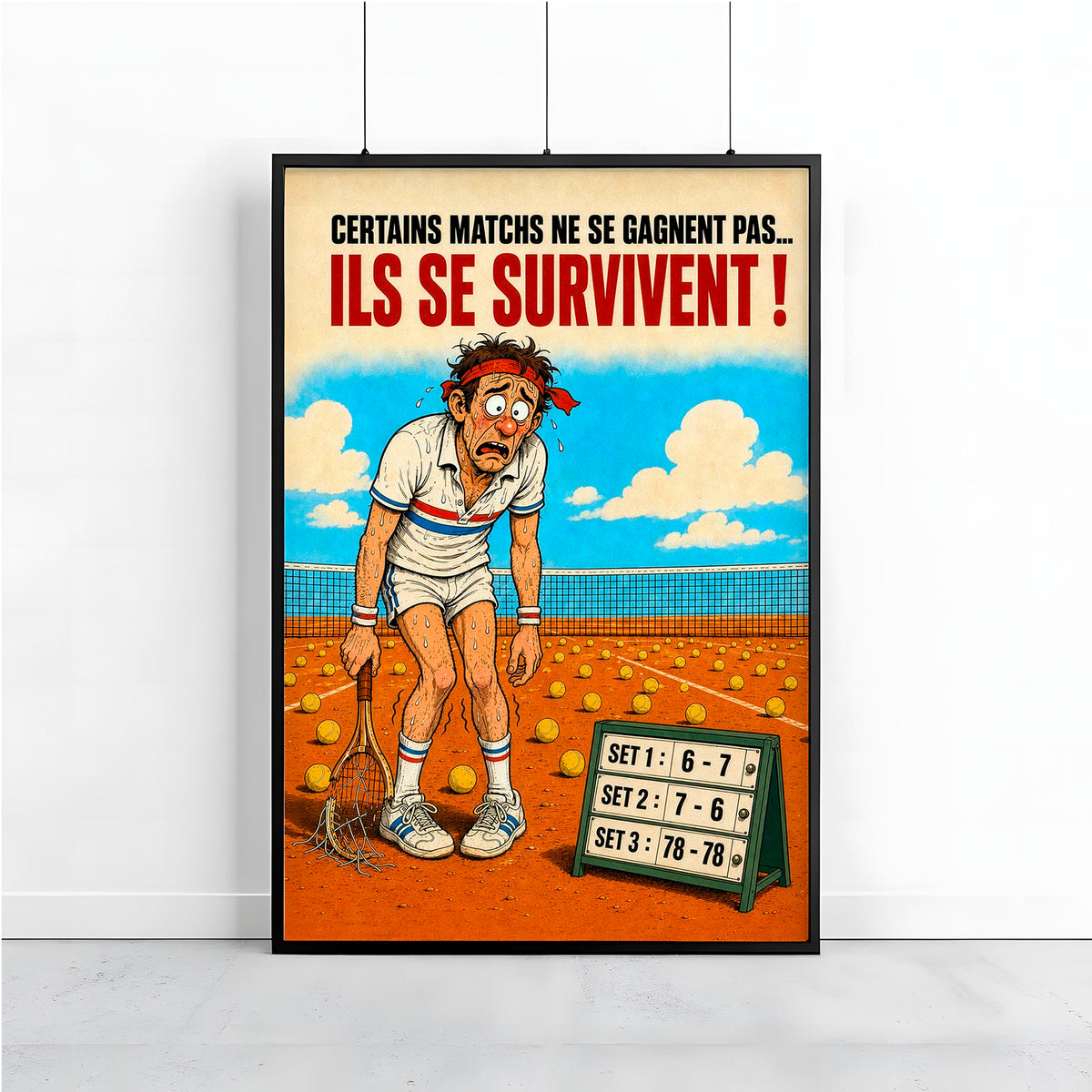 Affiche tennis humoristique – Le Match Interminable – Cadeau joueur de tennis
