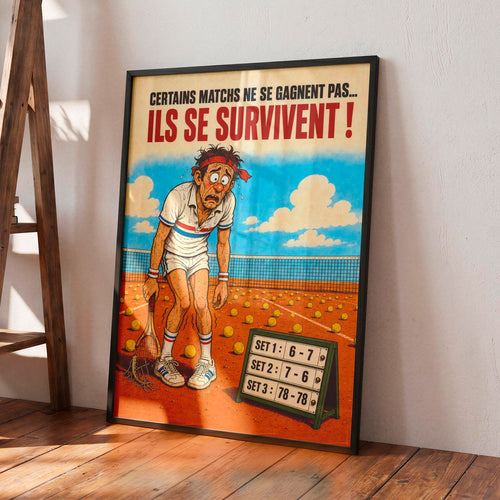 Affiche tennis humoristique – Le Match Interminable – Cadeau joueur de tennis