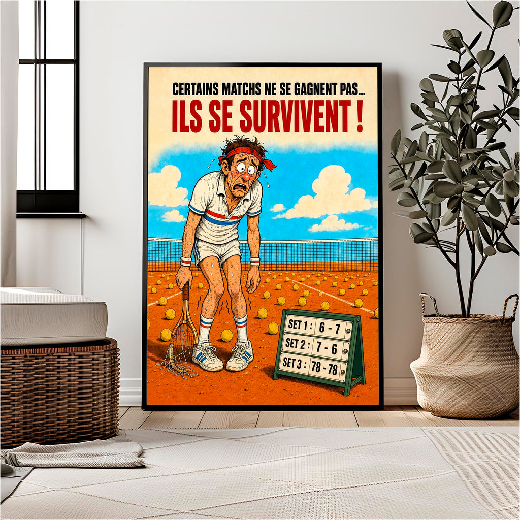 Affiche tennis humoristique – Le Match Interminable – Cadeau joueur de tennis