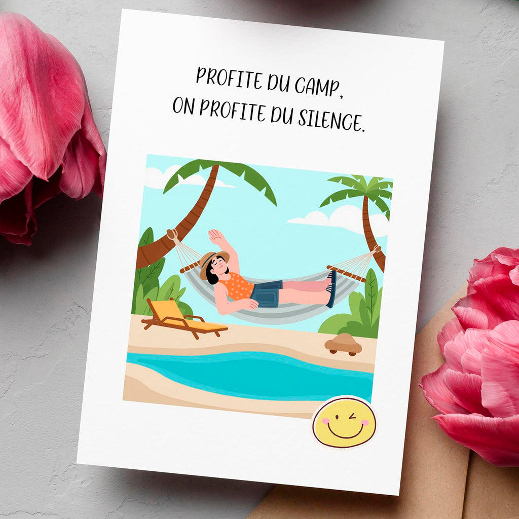 Carte humour camp – Silence des parents | Carte drôle et originale