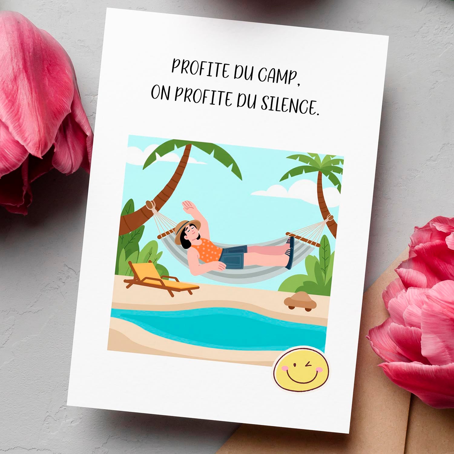 Carte humour camp – Silence des parents | Carte drôle et originale