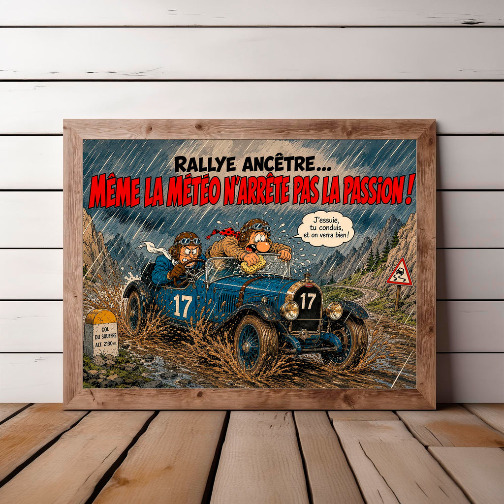 Affiche voiture ancienne humoristique – Rallye Ancêtre – Cadeau passionné automobile