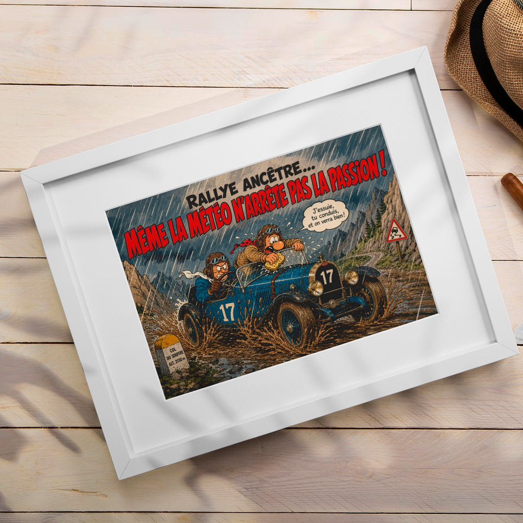 Affiche voiture ancienne humoristique – Rallye Ancêtre – Cadeau passionné automobile