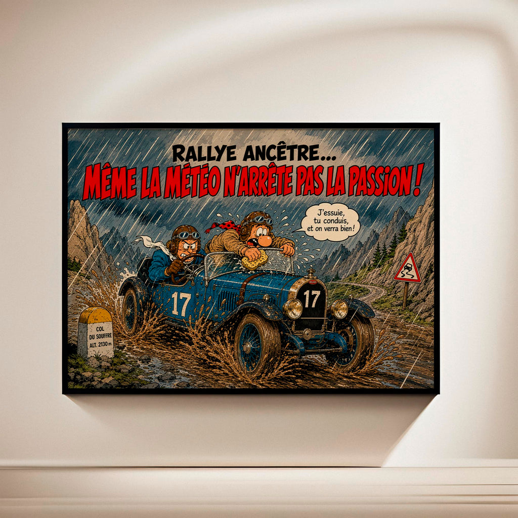 Affiche voiture ancienne humoristique – Rallye Ancêtre – Cadeau passionné automobile
