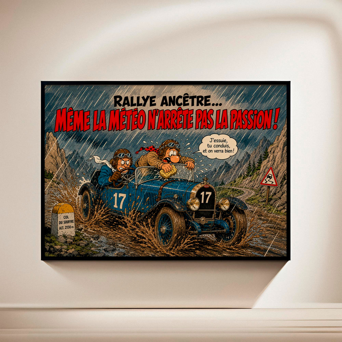 Affiche voiture ancienne humoristique – Rallye Ancêtre – Cadeau passionné automobile