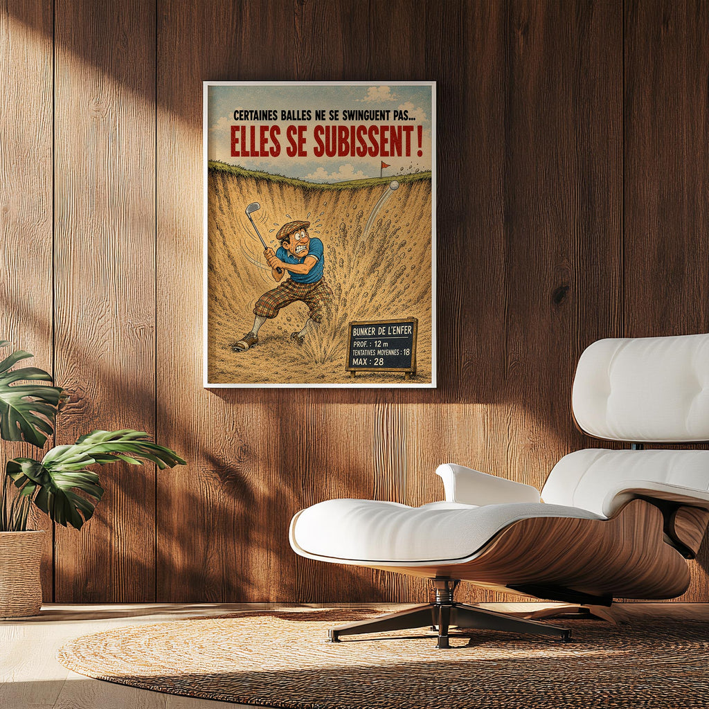 Affiche golf humoristique – Le Bunker de l'Enfer – Cadeau golfeur