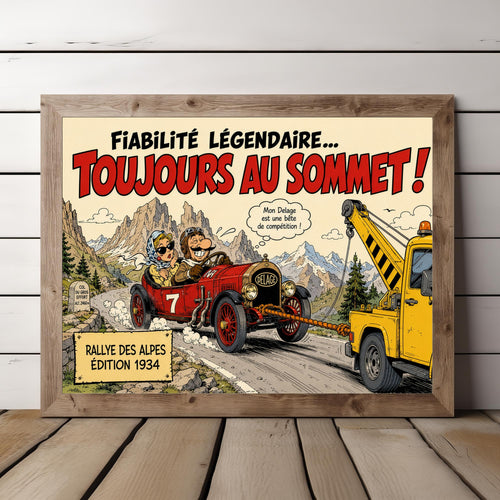 Affiche voiture ancienne humoristique – Rallye des Alpes – Cadeau passionné automobile