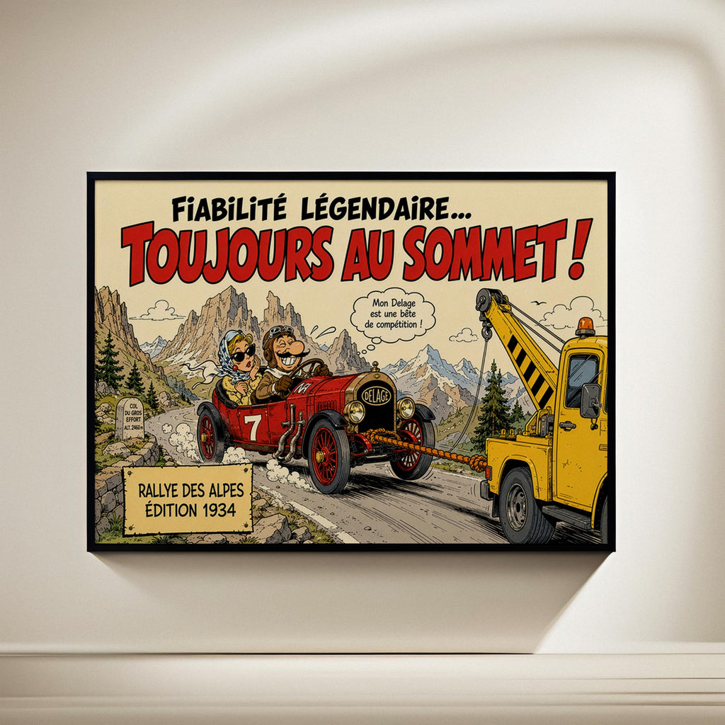 Affiche voiture ancienne humoristique – Rallye des Alpes – Cadeau passionné automobile