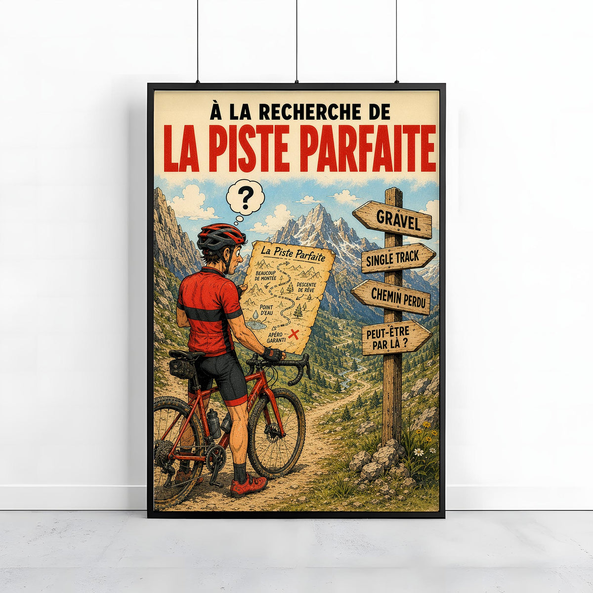 Affiche vélo Gravel humoristique – La Piste Parfaite – Cadeau cycliste & bikepacking