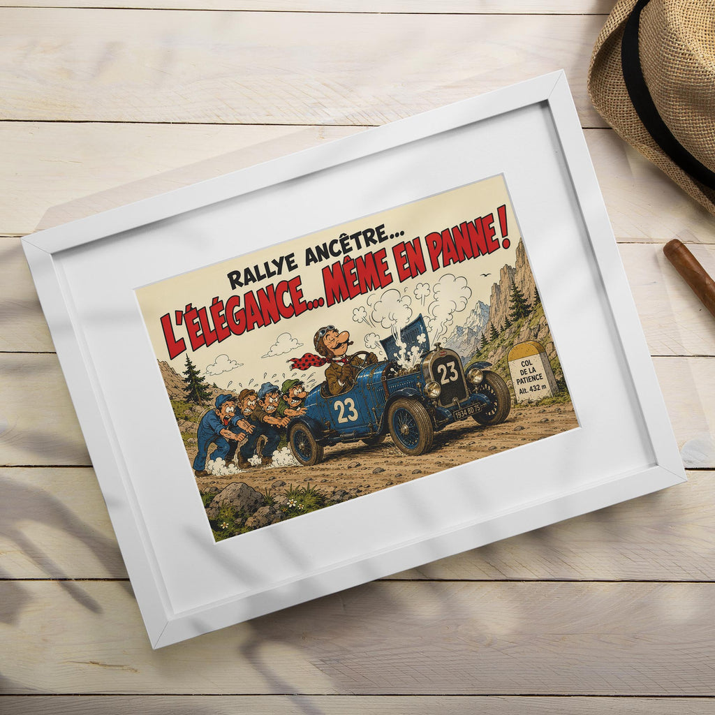 Affiche voiture ancienne humoristique – Rallye Ancêtre – Cadeau passionné automobile