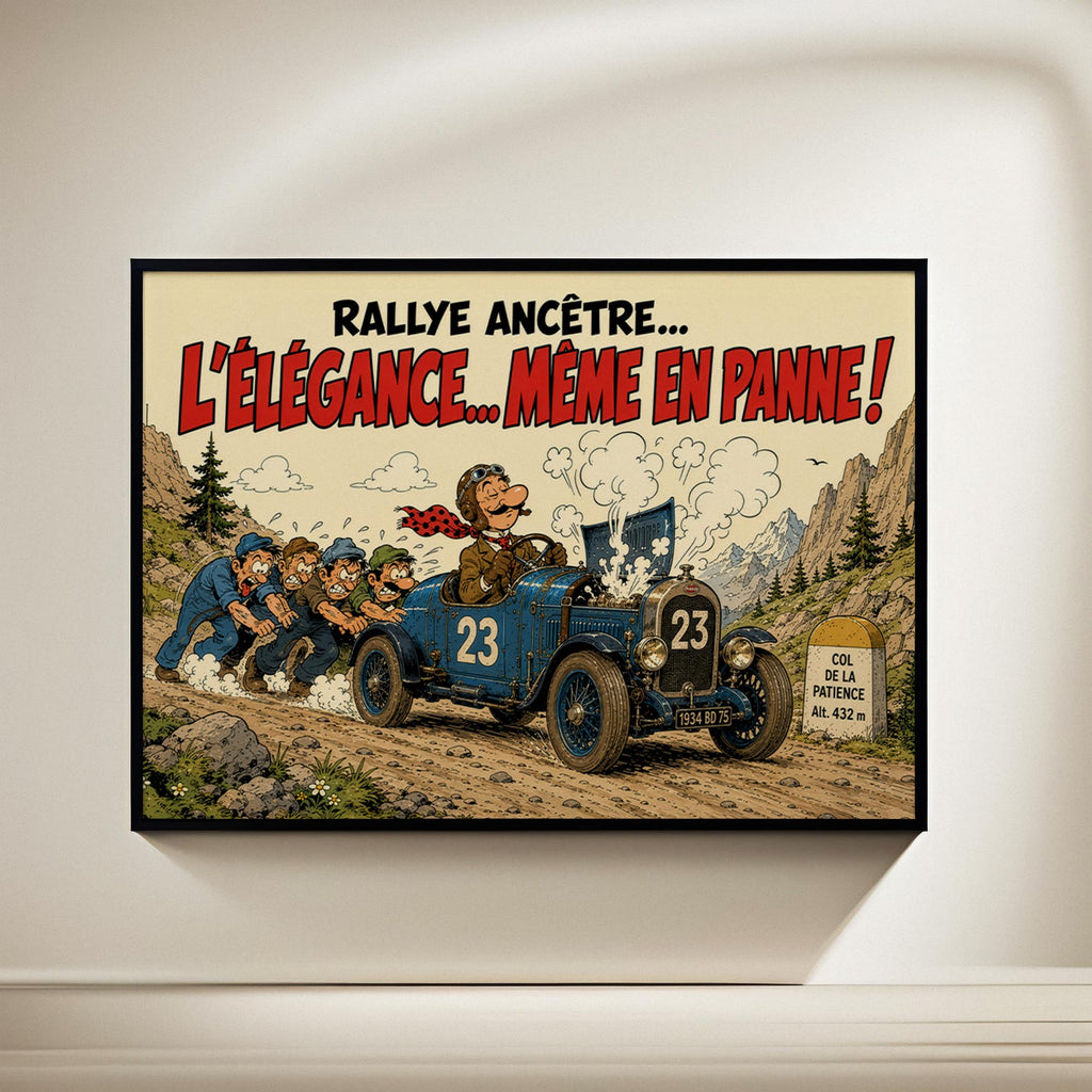 Affiche voiture ancienne humoristique – Rallye Ancêtre – Cadeau passionné automobile