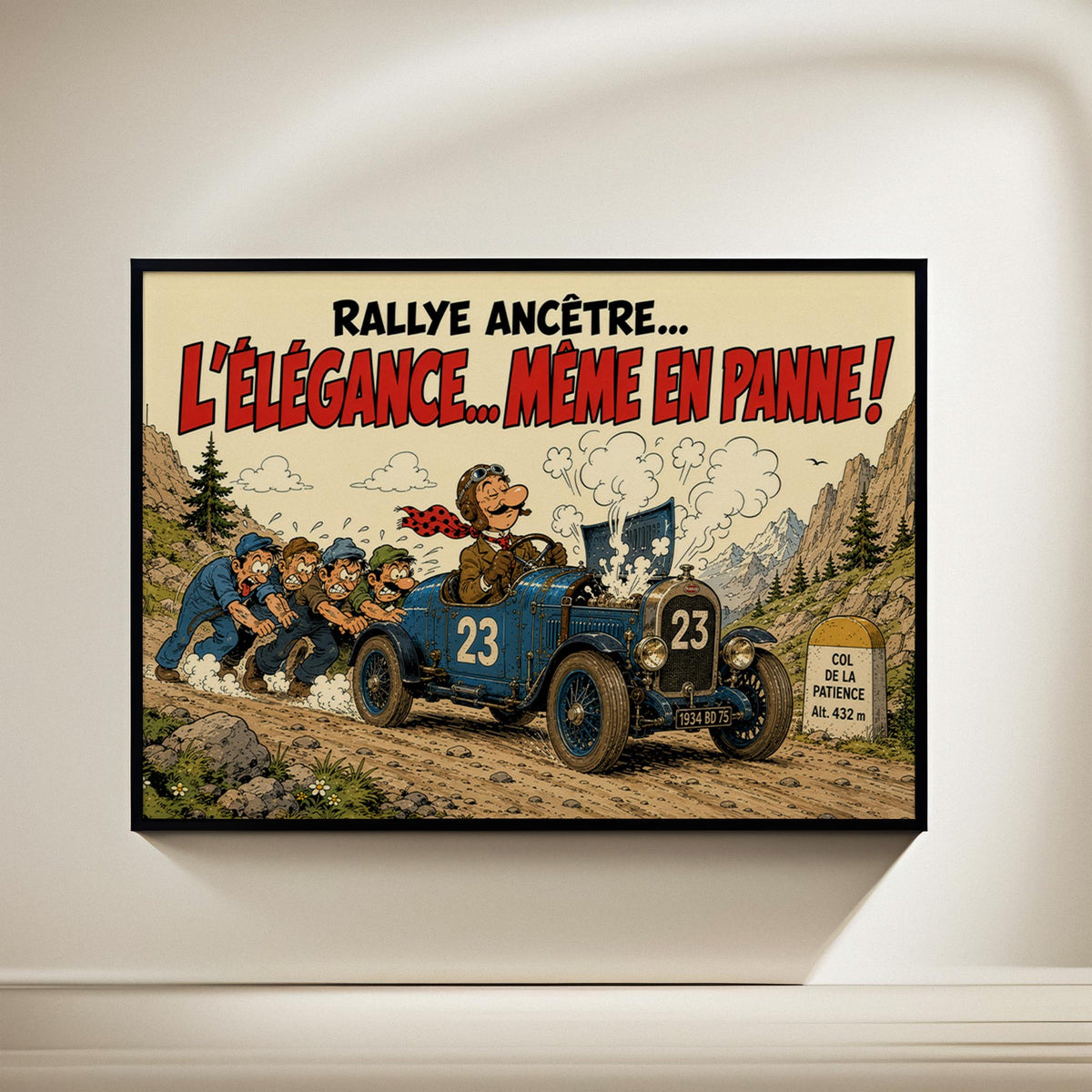 Affiche voiture ancienne humoristique – Rallye Ancêtre – Cadeau passionné automobile
