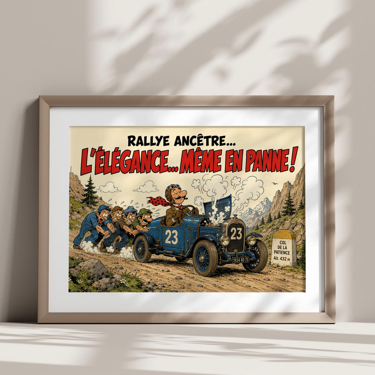 Affiche voiture ancienne humoristique – Rallye Ancêtre – Cadeau passionné automobile