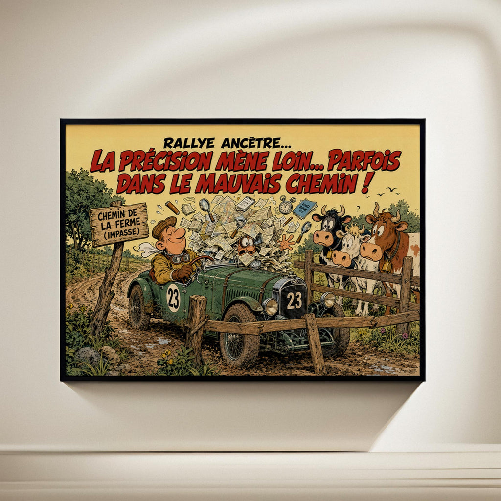 Affiche rallye historique humoristique – Erreur de navigation – Voiture ancienne