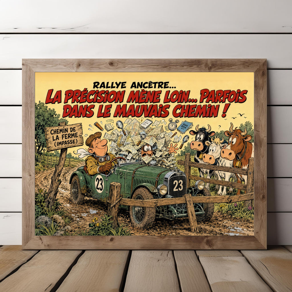 Affiche rallye historique humoristique – Erreur de navigation – Voiture ancienne