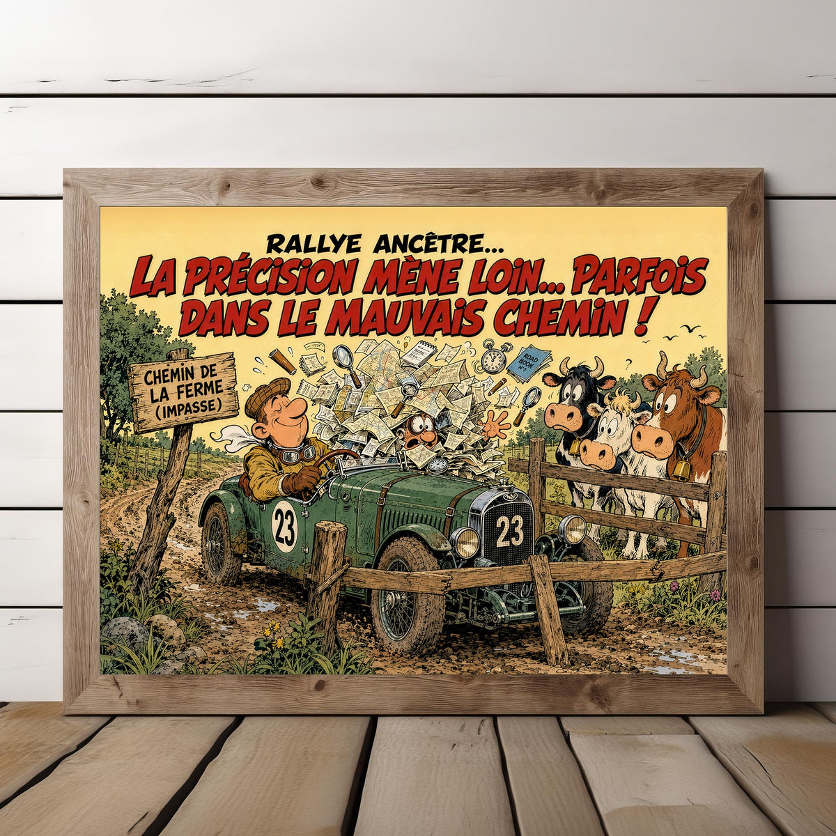 Affiche rallye historique humoristique – Erreur de navigation – Voiture ancienne