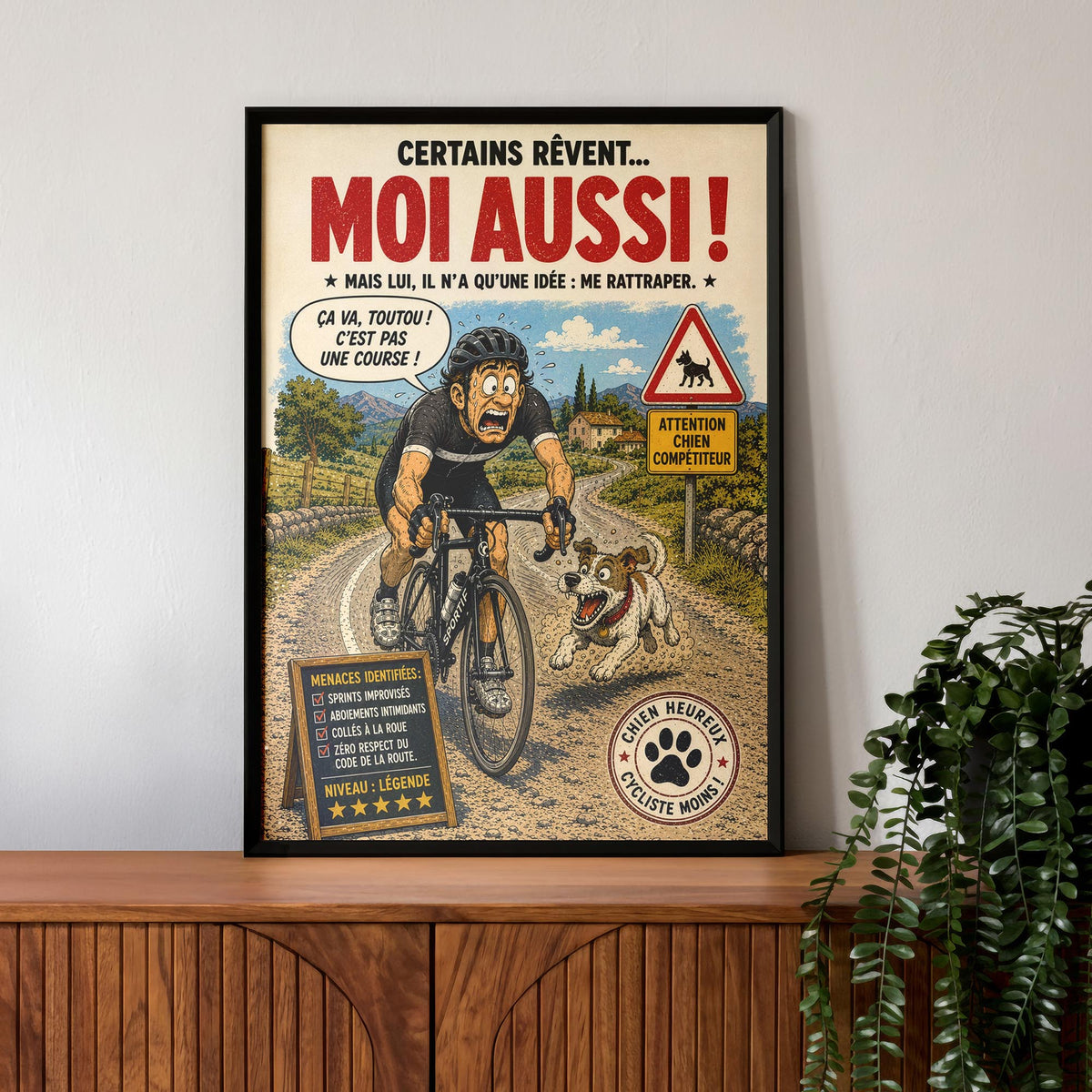 Affiche vélo humoristique – Chien qui poursuit un cycliste – Cadeau cyclisme