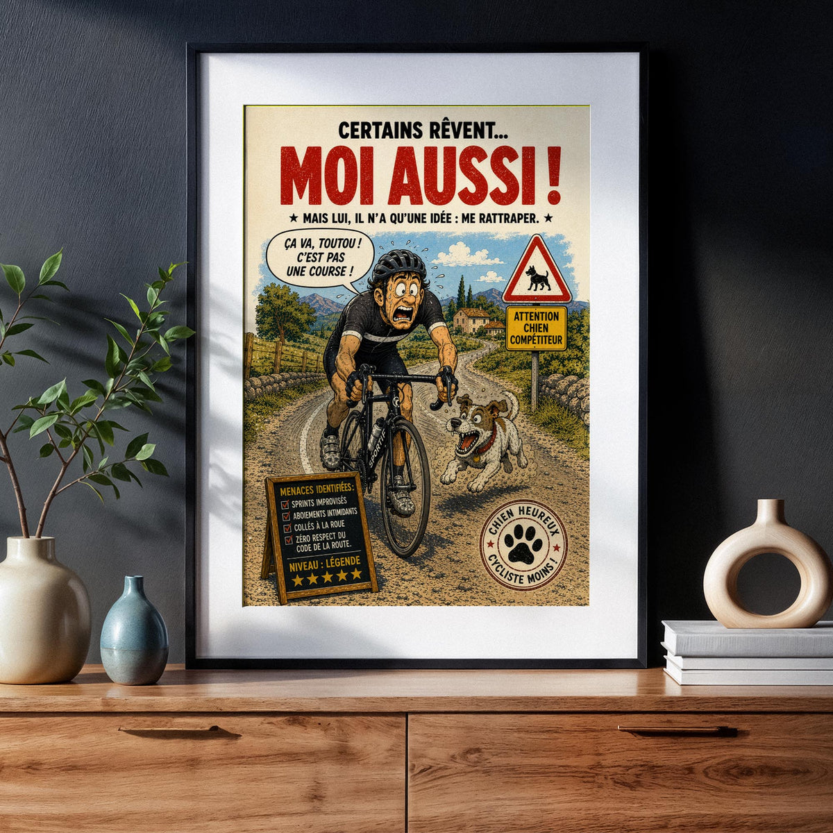 Affiche vélo humoristique – Chien qui poursuit un cycliste – Cadeau cyclisme