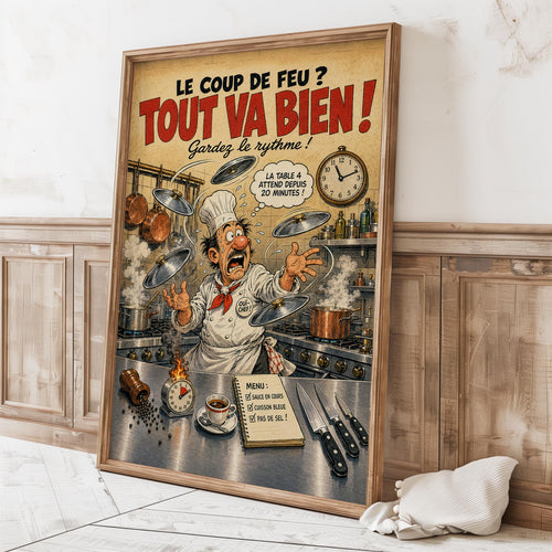 Affiche chef cuisinier humoristique – Coup de feu en cuisine – Cadeau cuisine