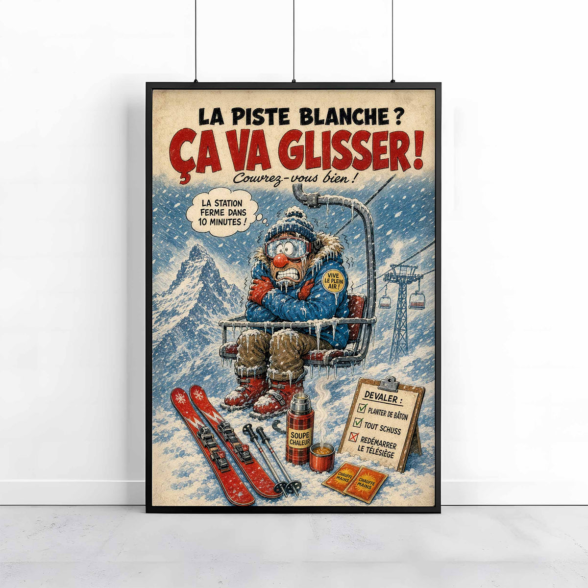 Affiche skieur humoristique – Panne de télésiège – Cadeau ski et montagne