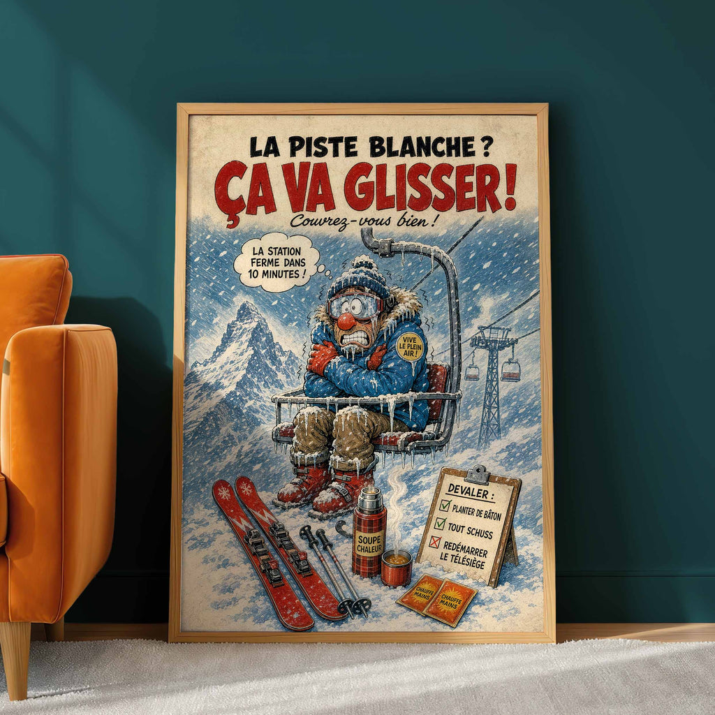 Affiche skieur humoristique – Panne de télésiège – Cadeau ski et montagne