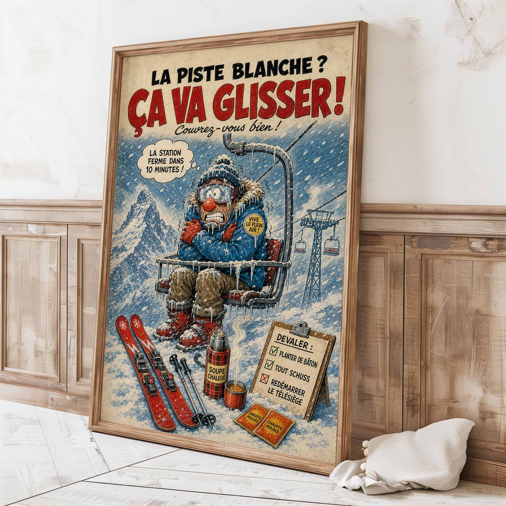 Affiche skieur humoristique – Panne de télésiège – Cadeau ski et montagne