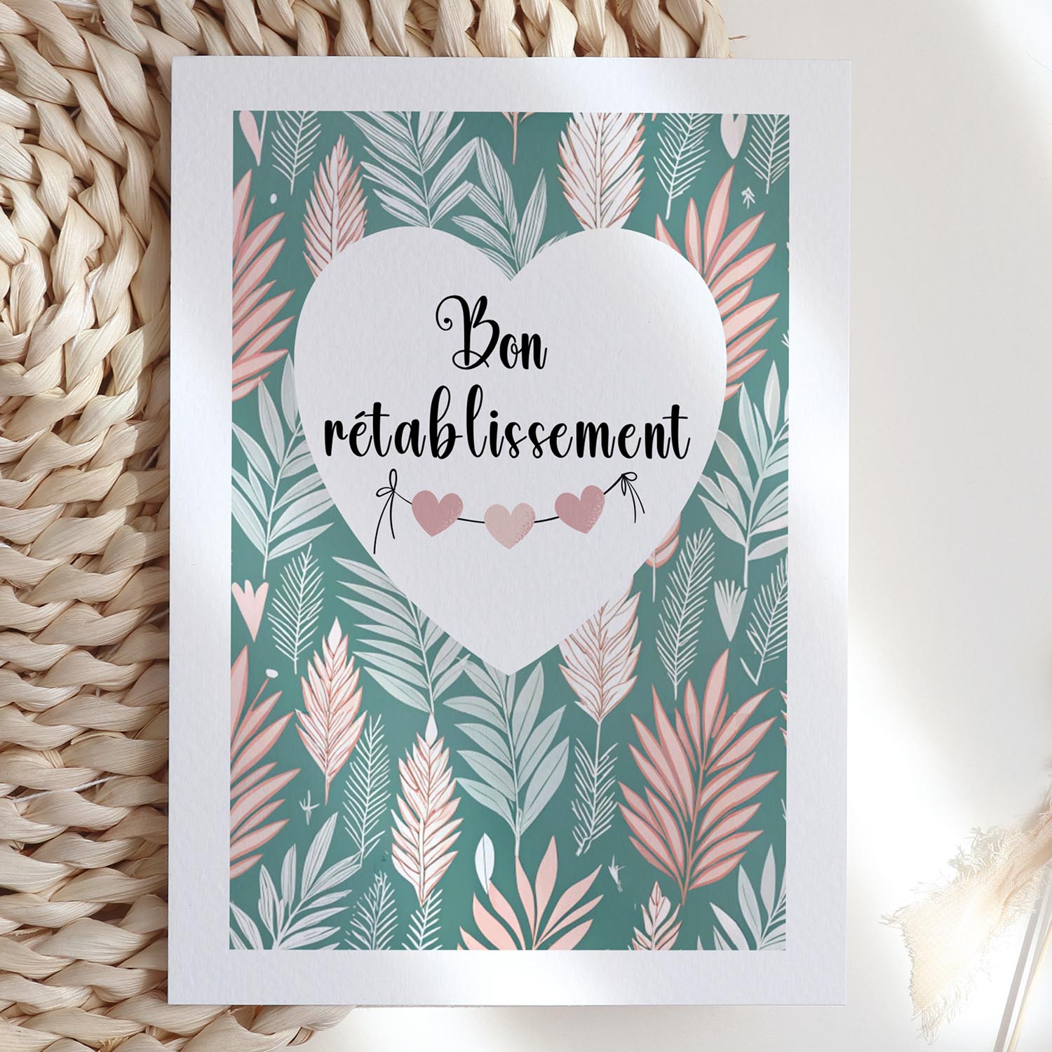 Carte bon rétablissement cœur et feuillage pastel