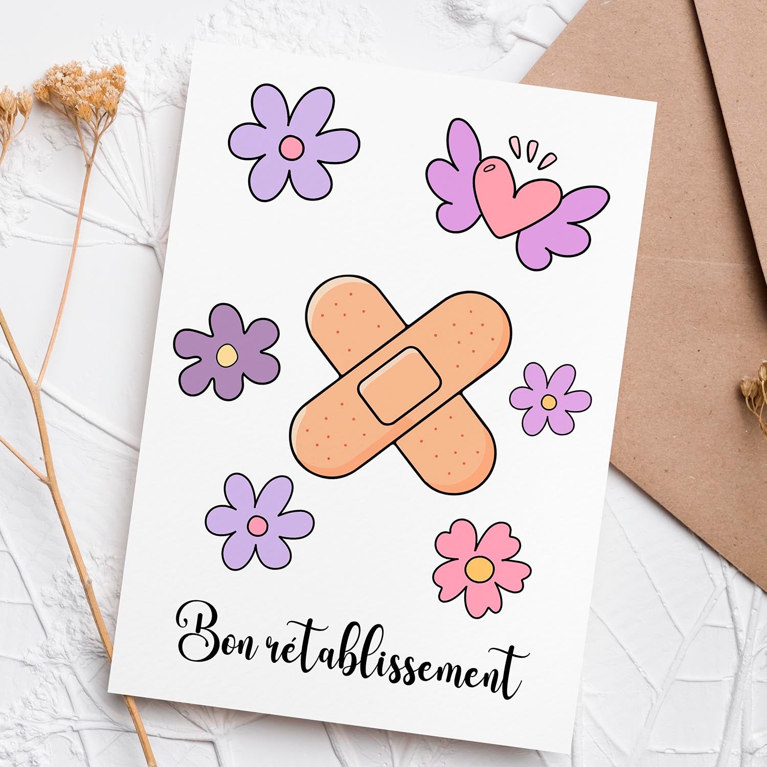 Carte bon rétablissement fleurie – Message doux et réconfortant