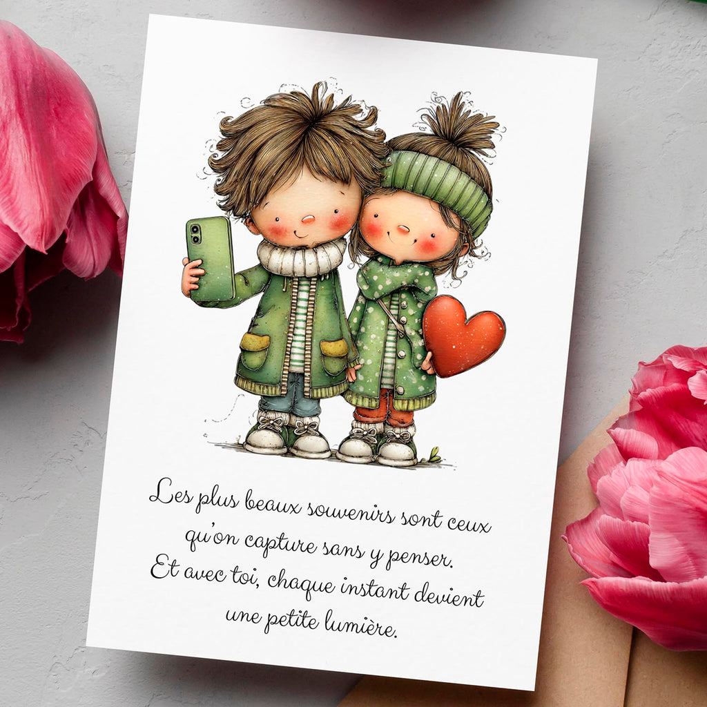 Carte message amour – Souvenirs et instants précieux | Carte poétique et lumineuse