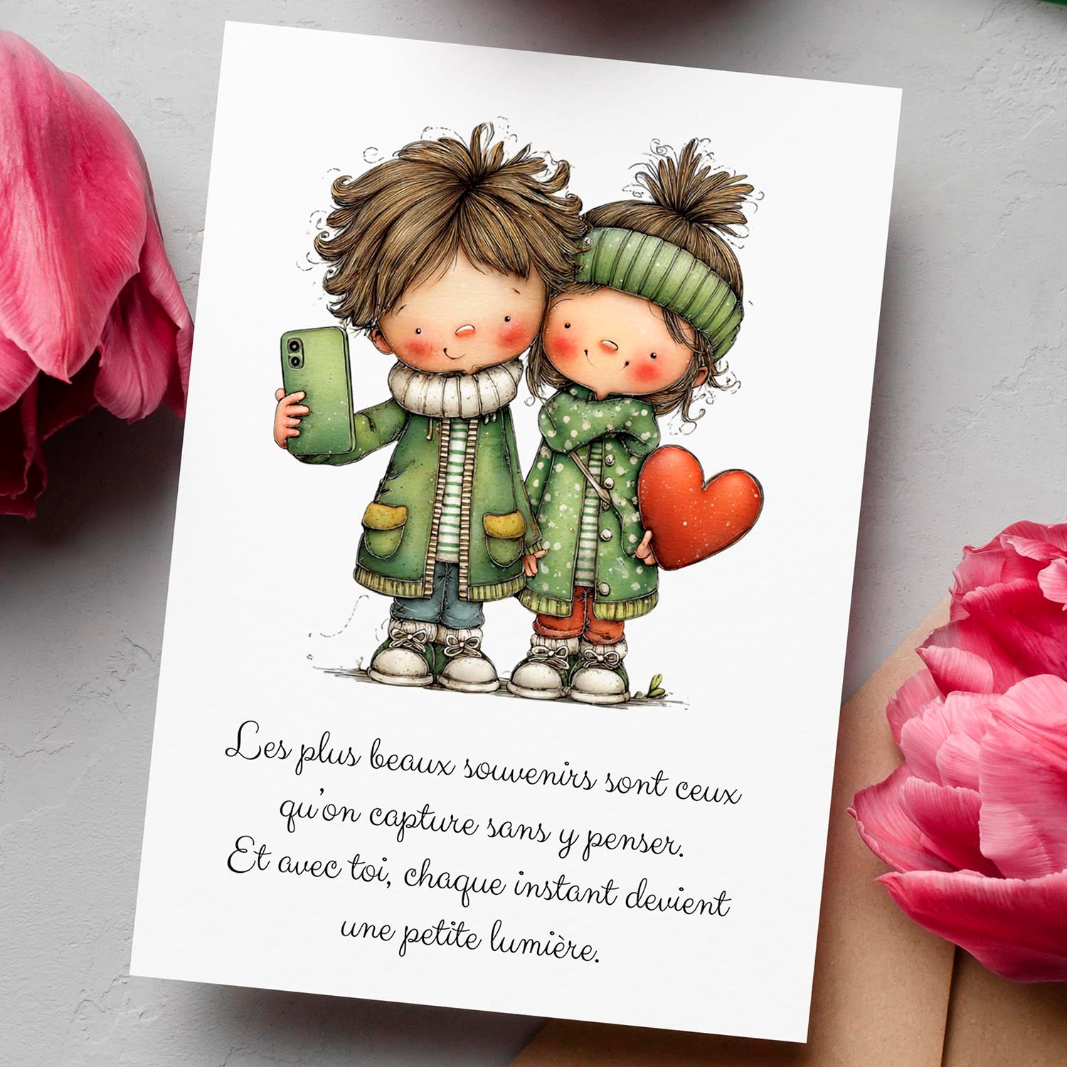 Carte message amour – Souvenirs et instants précieux | Carte poétique et lumineuse