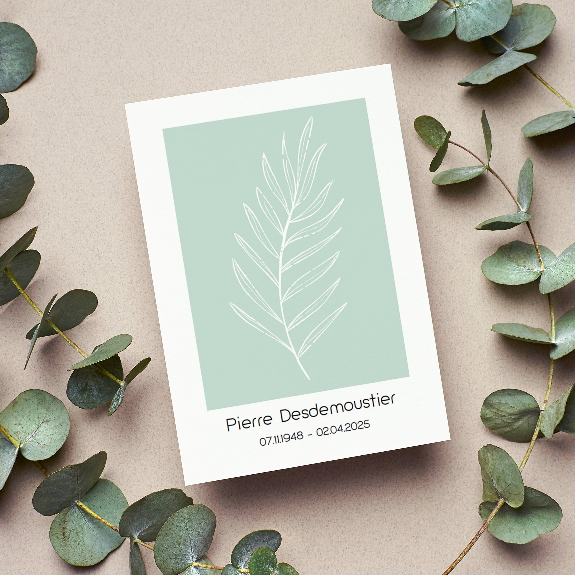 Carte de remerciement décès personnalisable – Design végétal vert sauge